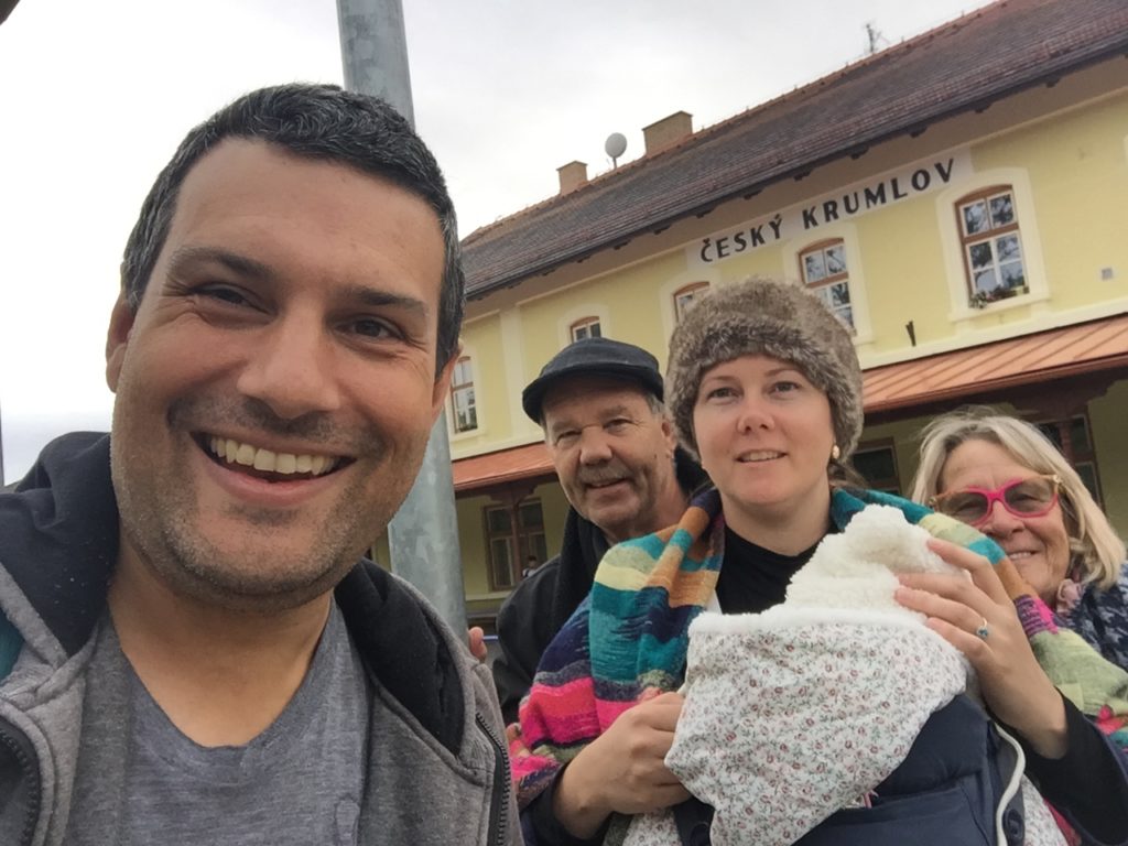The family at the Cesky Krumlov Train Station